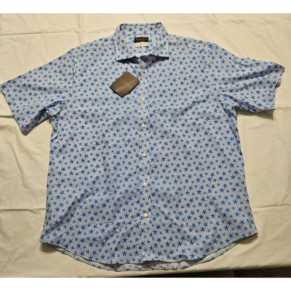 Thomas Dean Men's Short Sleeve Button Up Shirt XL Blue Stripe with Blue Starfish